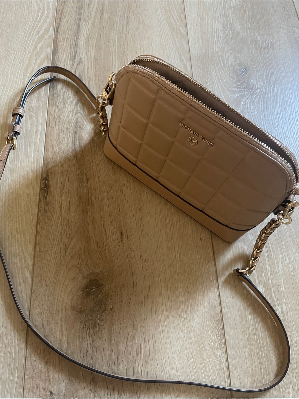 Michael Kors Tan Quilted Leather Crossbody with Chain Strap